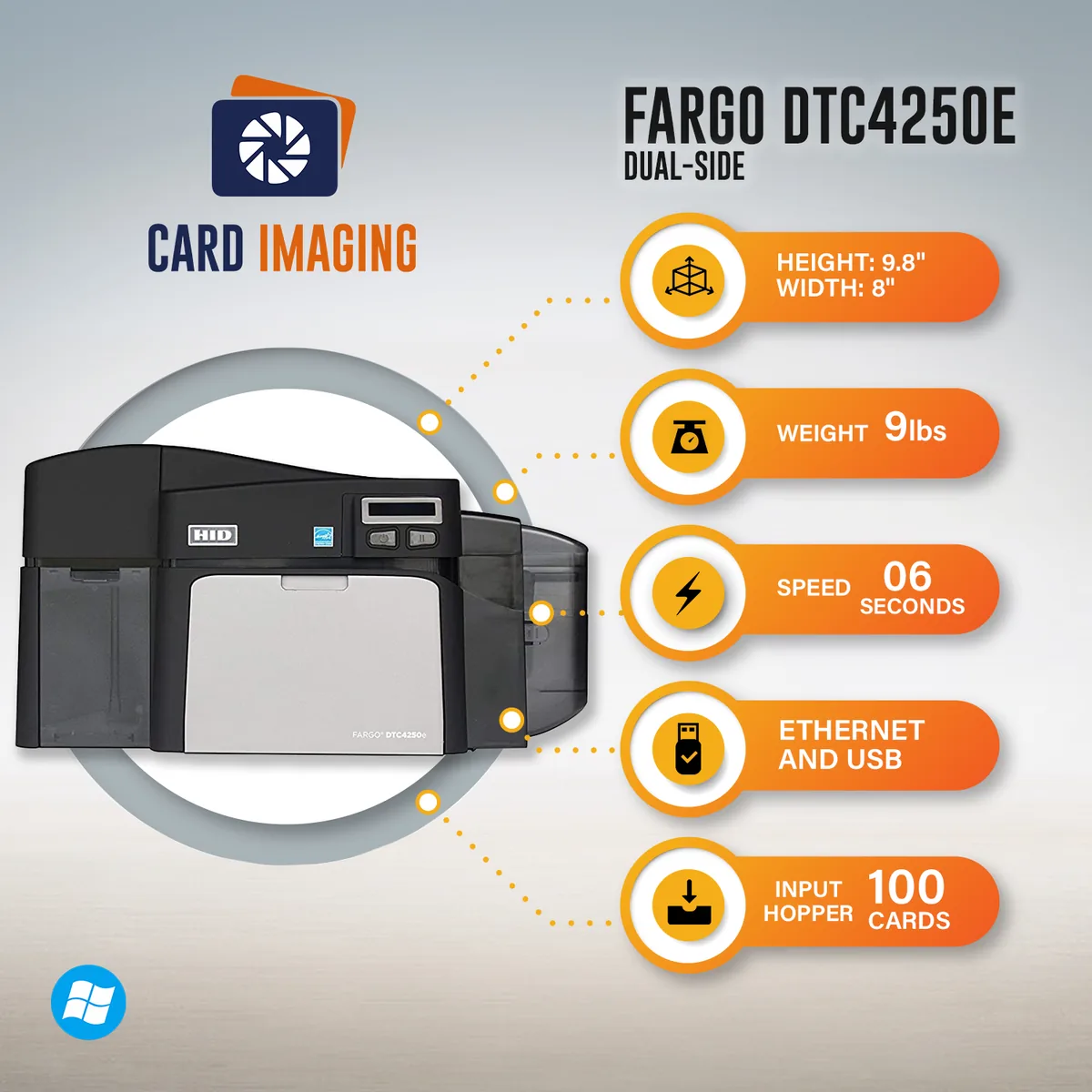 Fargo DTC4250e Dual-Side ID Card Printer & Supplies Package with Card Imaging Software 52100, side profile