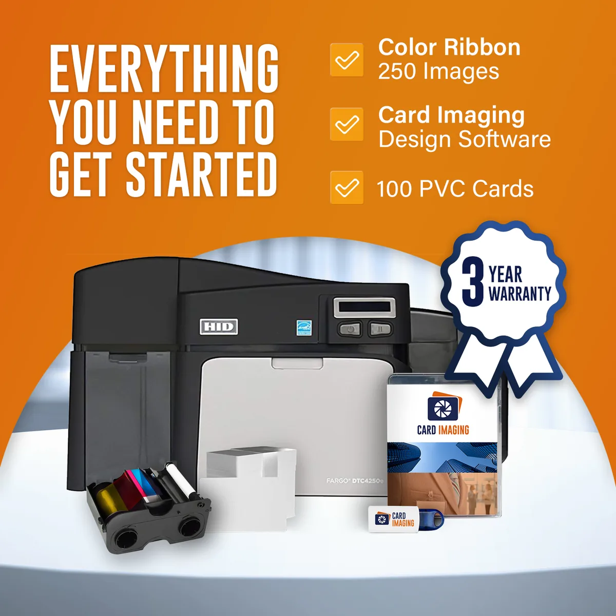 Fargo DTC4250e Dual-Side ID Card Printer & Supplies Package with Card Imaging Software 52100, card hopper and output stacker