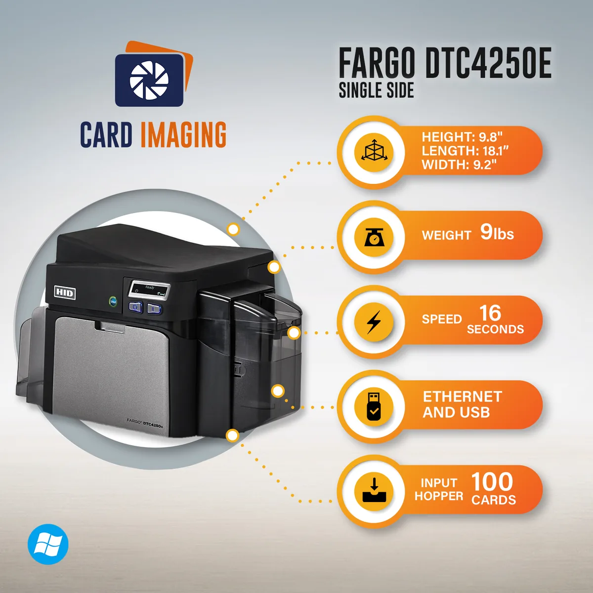 Fargo DTC4250e Single-Side ID Card Printer & Supplies Package 52000, side profile