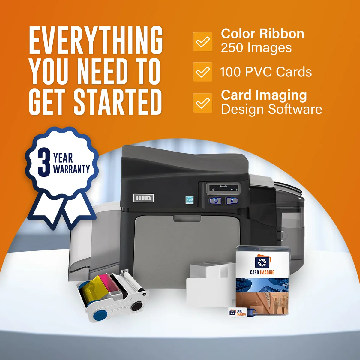 Fargo DTC4250e Single-Side ID Card Printer & Supplies Package 52000, card hopper and output stacker