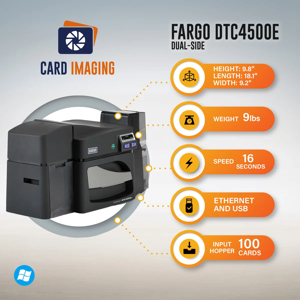 Card Imaging Fargo DTC4500e Dual Side ID Card Printer & Supplies Bundle Software, side profile