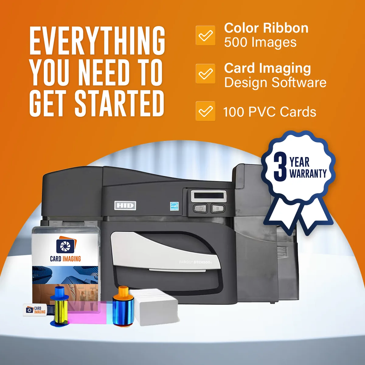 Card Imaging Fargo DTC4500e Dual Side ID Card Printer & Supplies Bundle Software, card hopper and output stacker