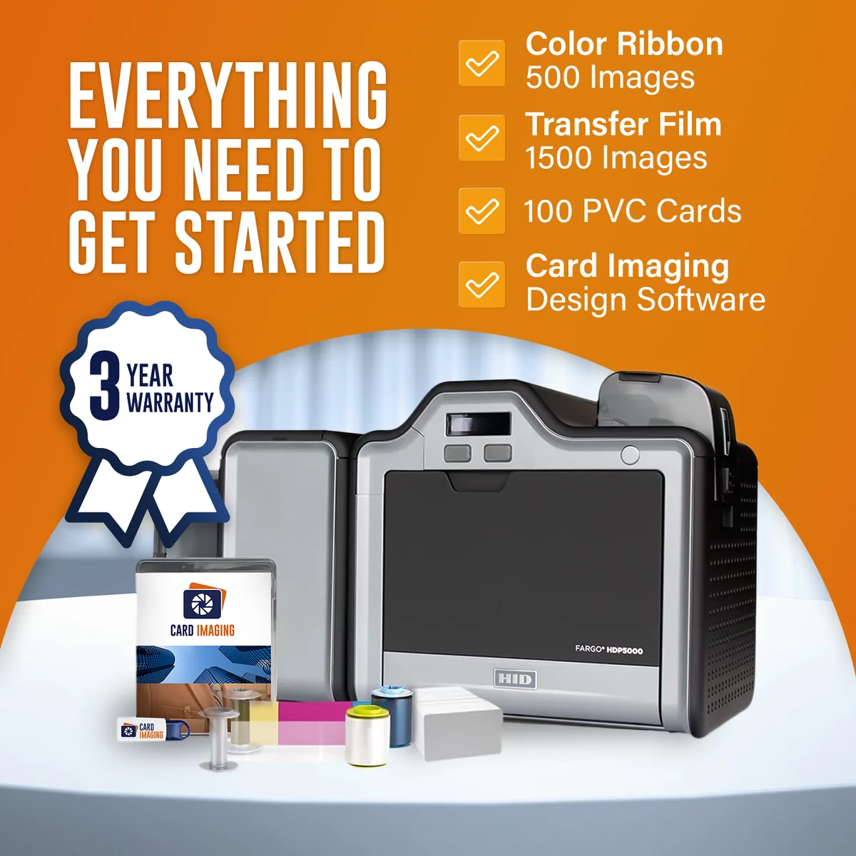 Card Imaging Fargo HDP5000 Dual Side High Definition ID Card Printer & Supplies Bundle Software, card hopper and output stacker