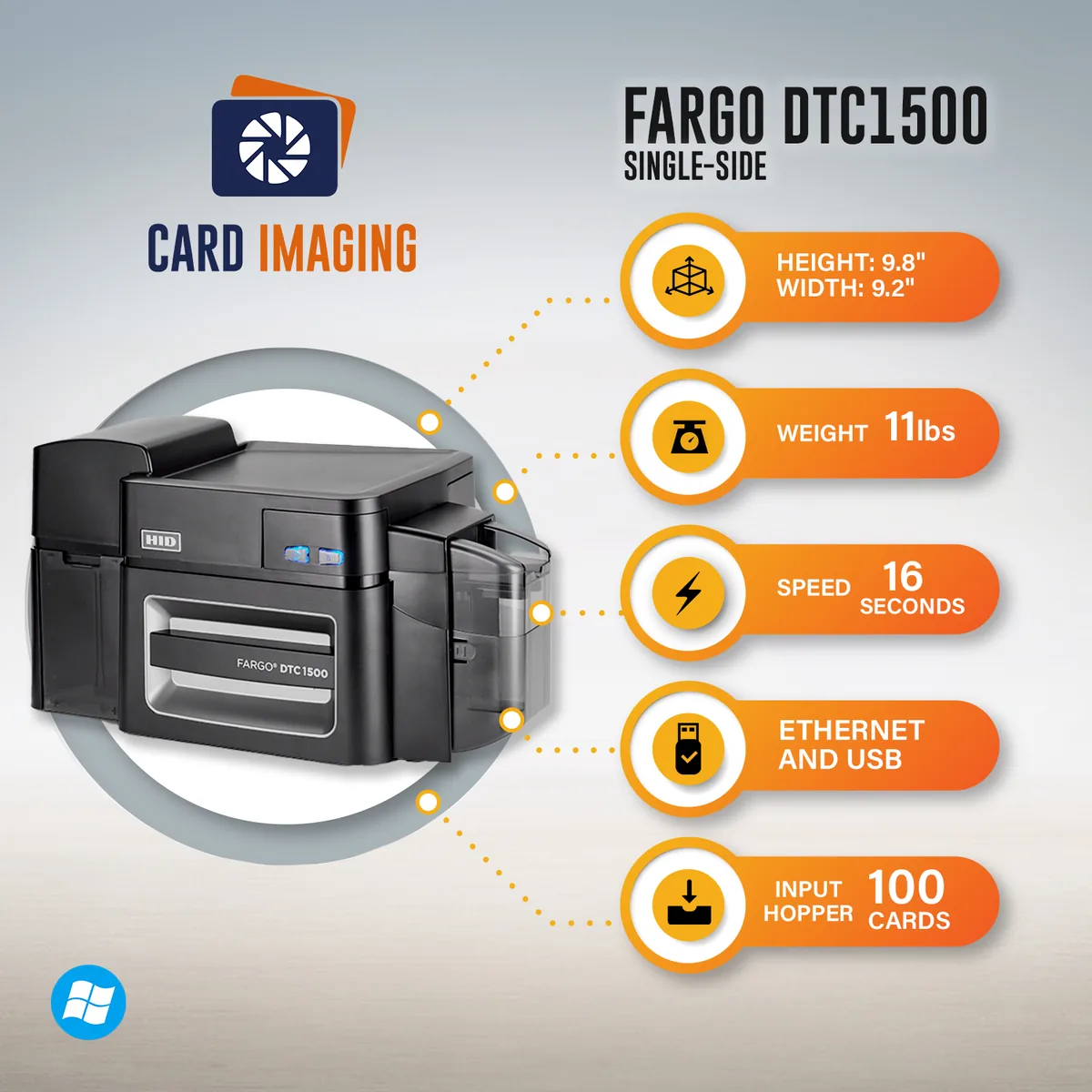 Card Imaging Fargo DTC1500 Single Side ID Card Printer & Supplies Bundle Software 51400, side profile