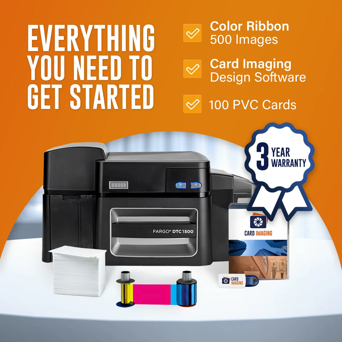 Card Imaging Fargo DTC1500 Single Side ID Card Printer & Supplies Bundle Software 51400, card hopper and output stacker