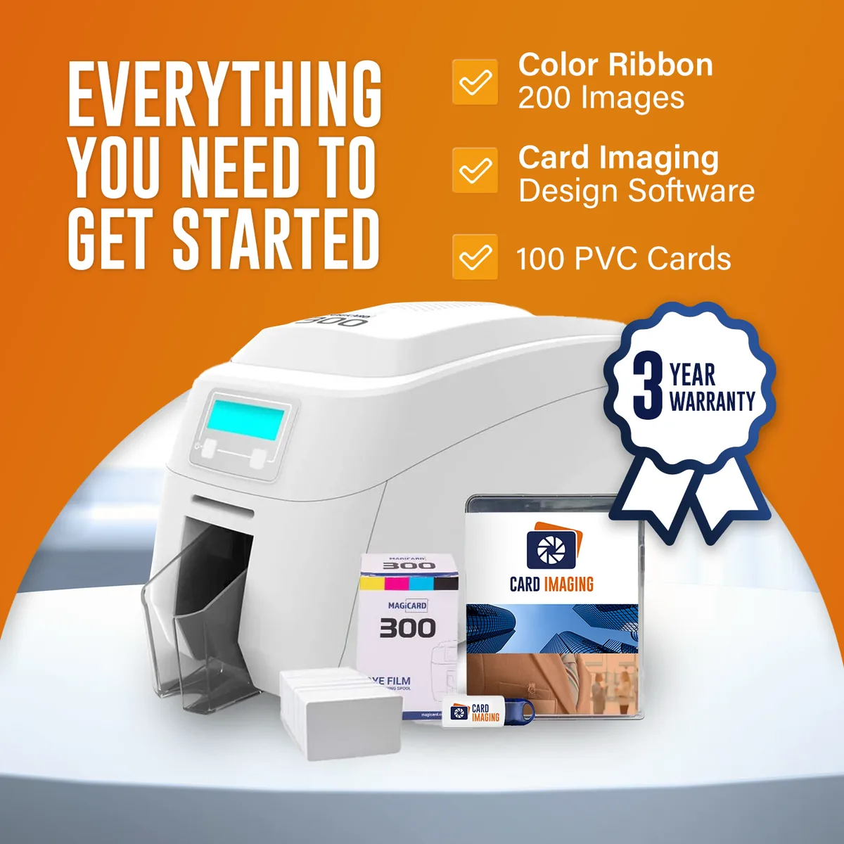 Magicard 300 Dual Sided ID Card Printer & Supplies Bundle Badge Maker Machine (3300-0021), card hopper and output stacker