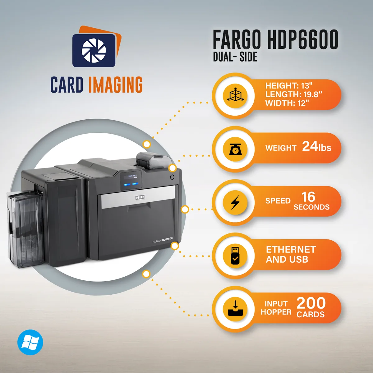 Card Imaging Fargo HDP6600 Dual sided 600 DPI ID Card Printer & Supplies Bundle Software 94640, side profile
