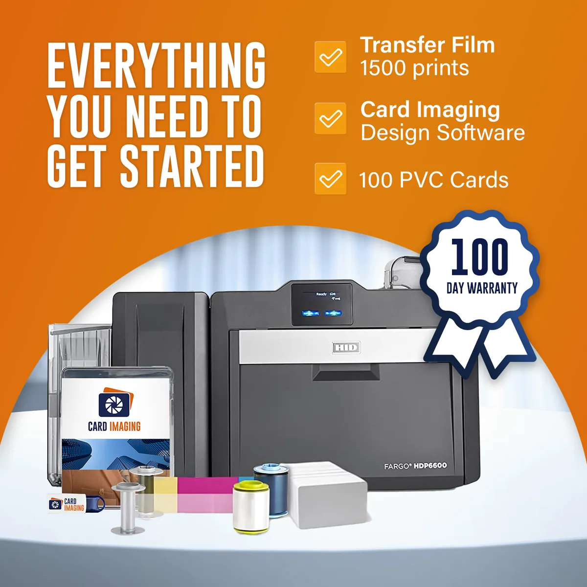 Card Imaging Fargo HDP6600 Dual sided 600 DPI ID Card Printer & Supplies Bundle Software 94640, card hopper and output stacker
