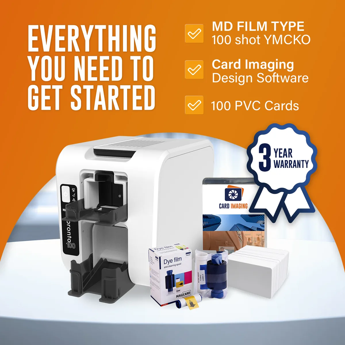 Magicard Pronto 100 Single Side Card Printer & Supplies Package (3100-0001), card hopper and output stacker