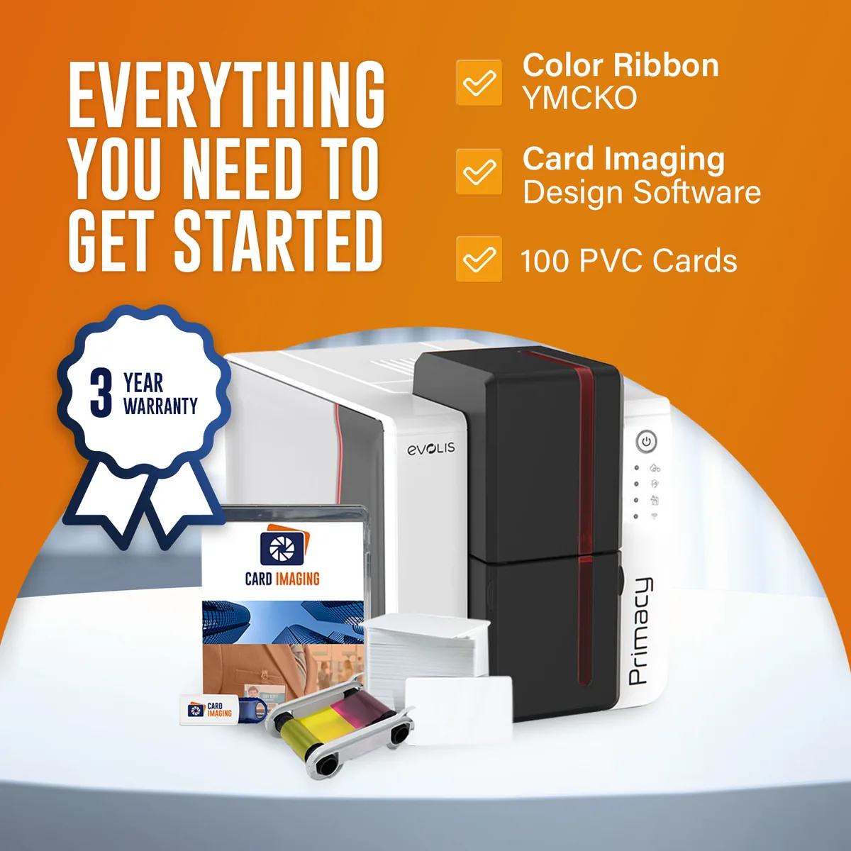 Evolis Primacy 2 Dual-Sided ID Card Printer & Supplies Bundle Badge Machine (PM2-0025-A)., card hopper and output stacker