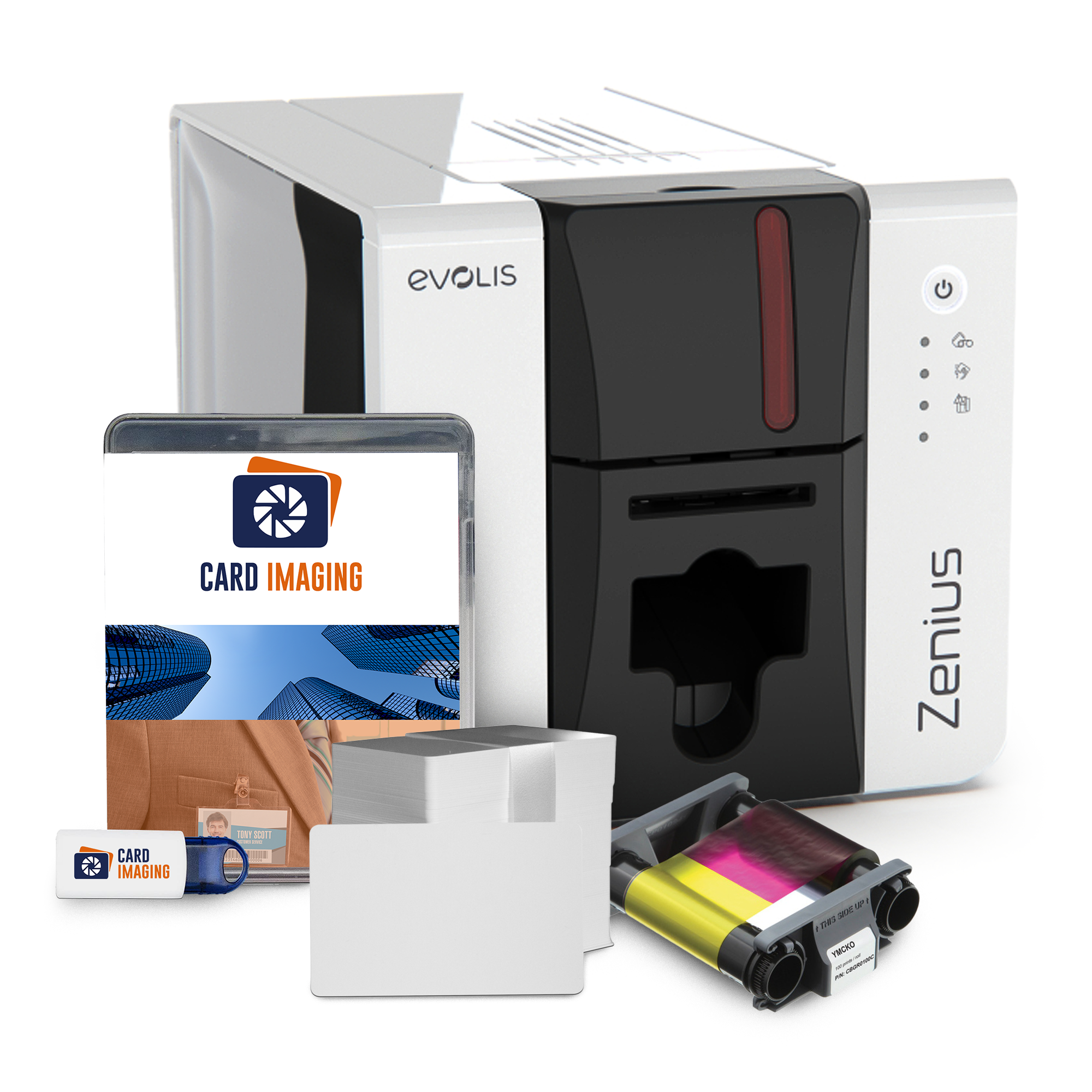 Evolis Zenius 2 Single Sided ID Card Printer & Supplies Bundle Badge Printer