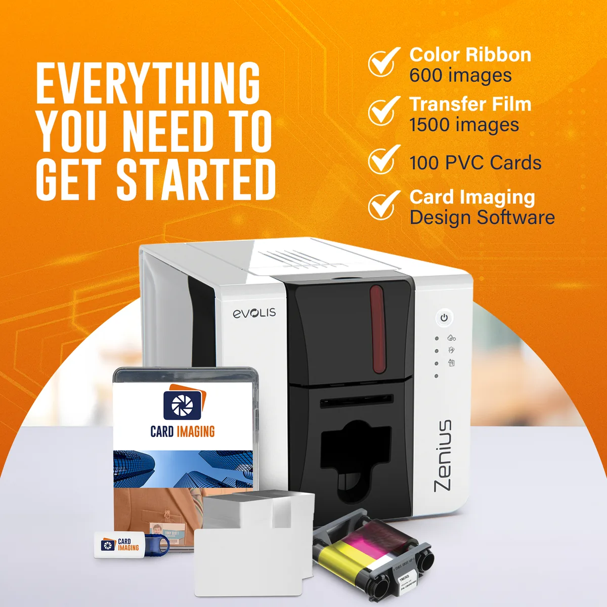 Evolis Zenius 2 Single Sided ID Card Printer & Supplies Bundle Badge Printer, card hopper and output stacker