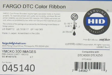 Fargo 45140 Color Ribbon YMCKO for DTC4250 & 4000 Printers - 300 Capacity, retail packaging