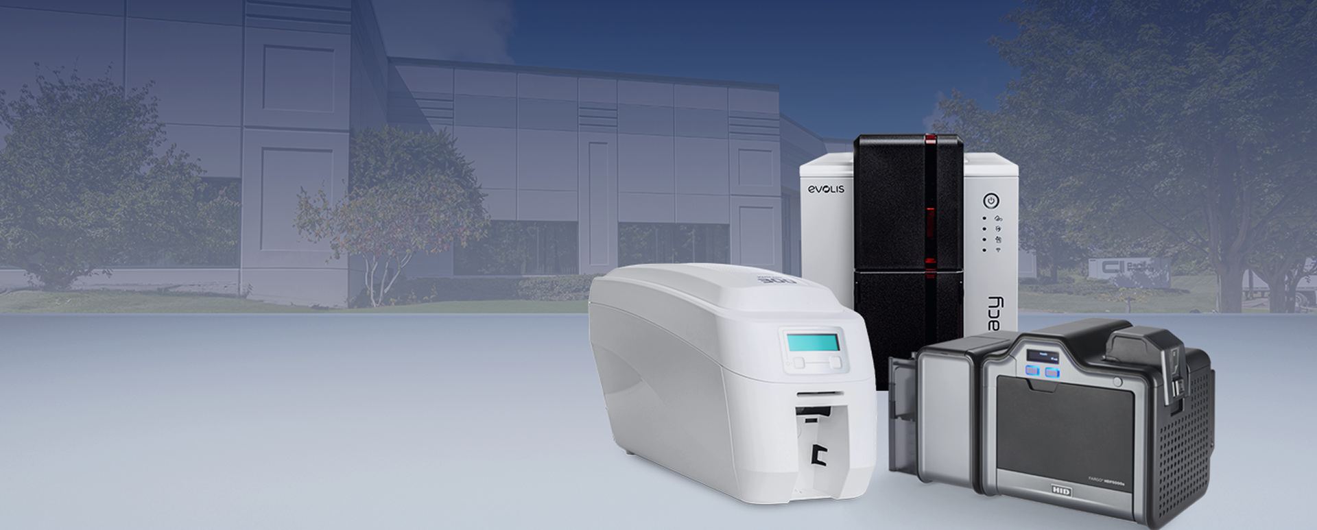 Fargo and Evolis ID card printers outside the Card Imaging building