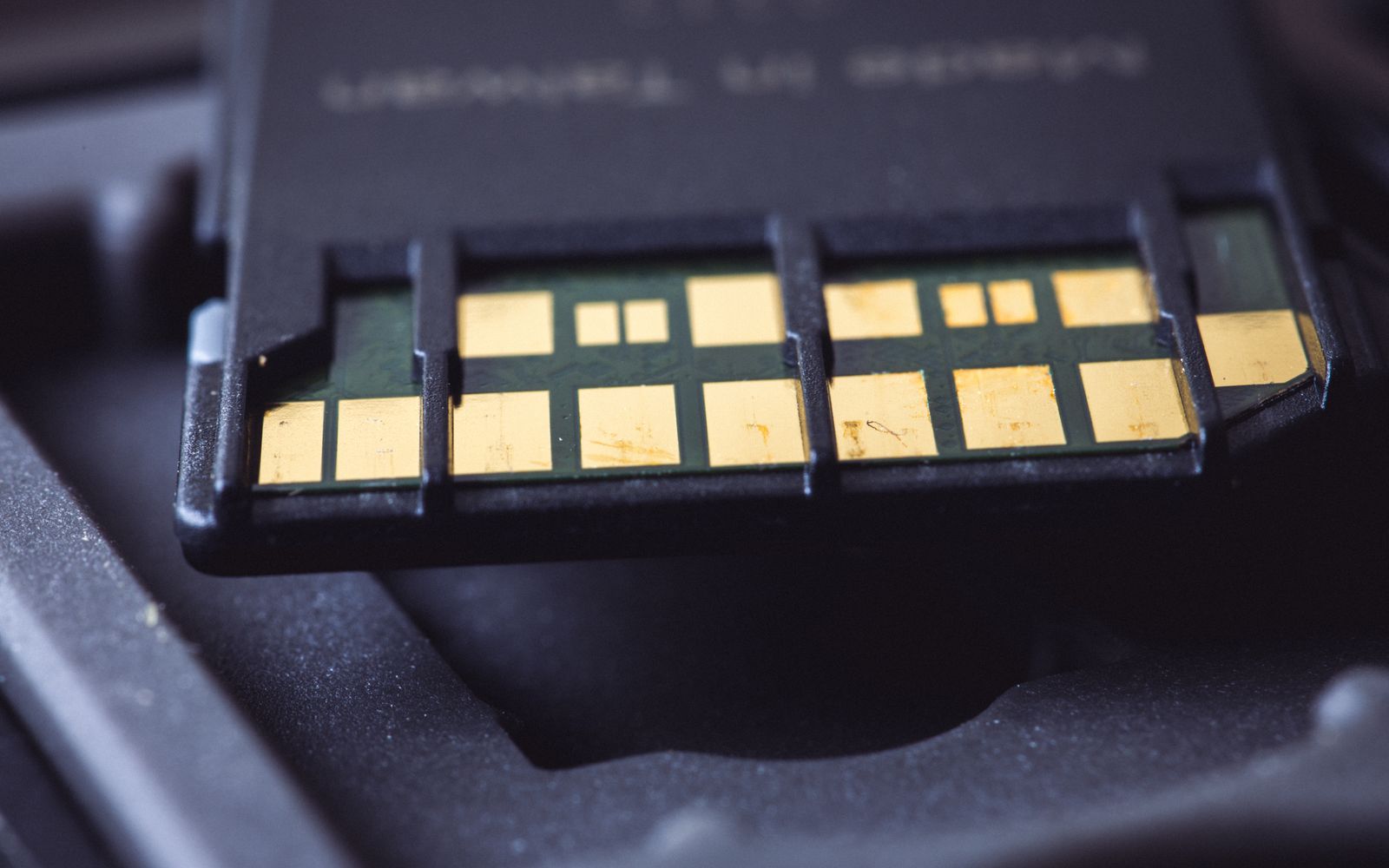 Detailed macro shot of SD card connector pins, highlighting technology and electronics.