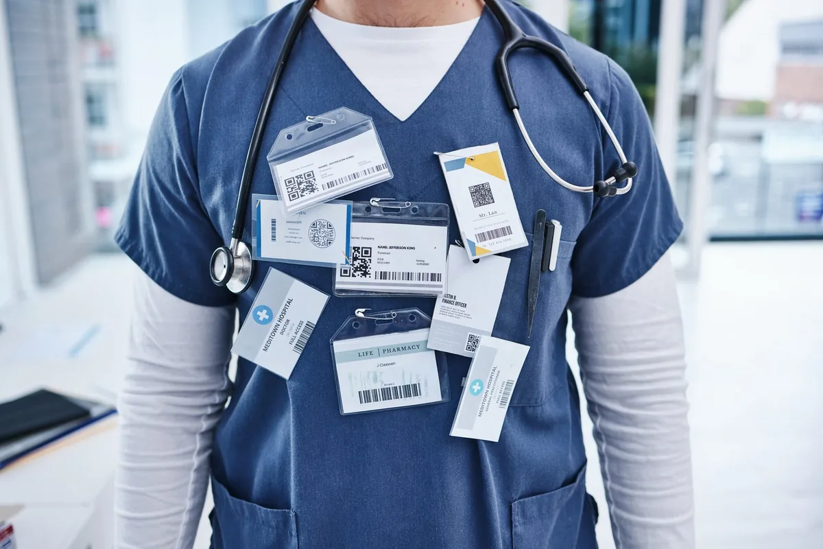 Healthcare staff member with an ID name tag