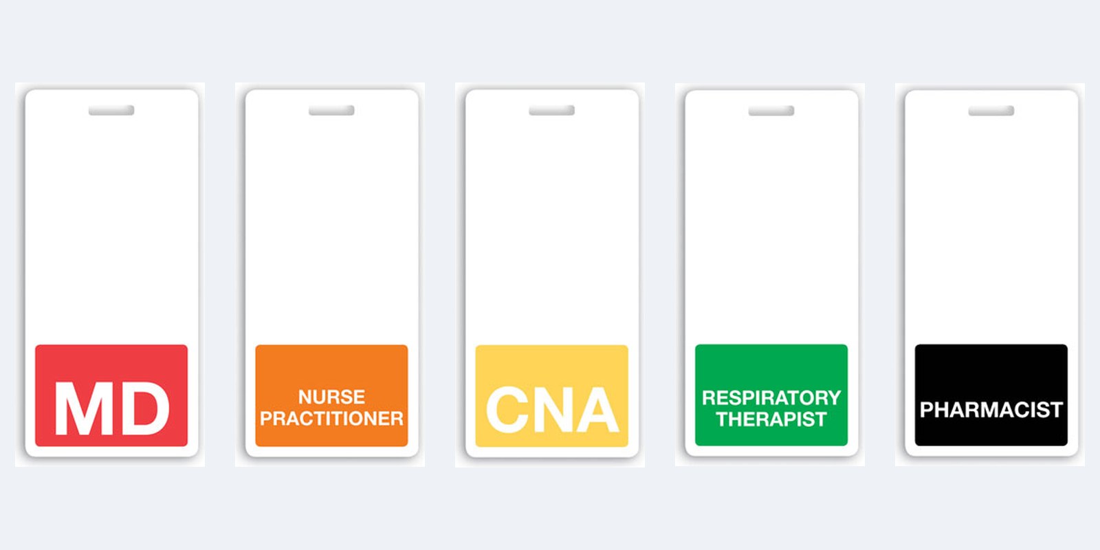Badge buddies in red, orange, yellow, green and black, each carrying a single role in large type at the foot of the card