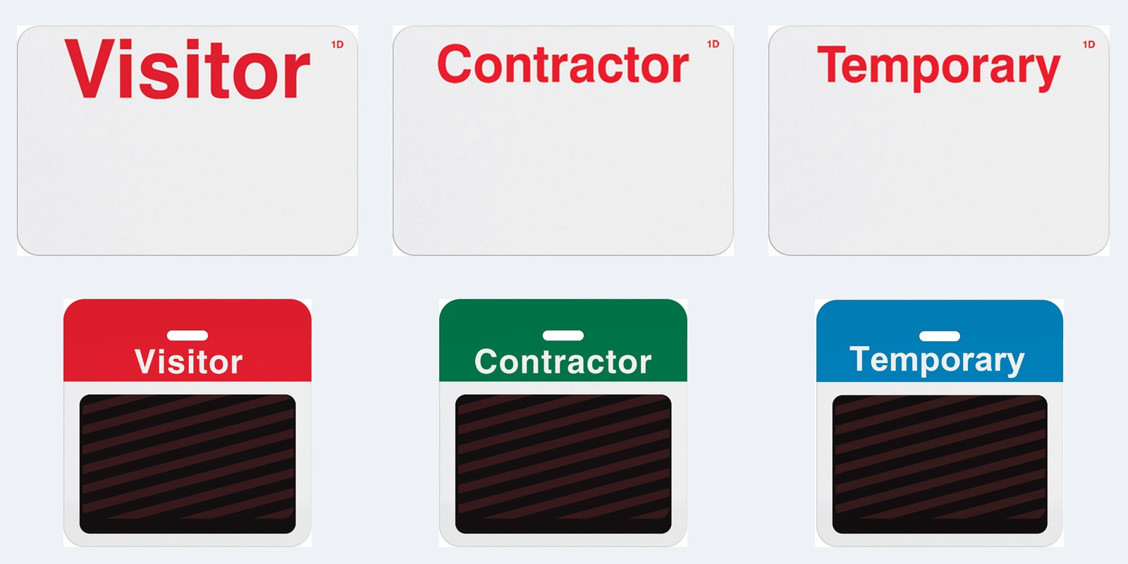 Visitor, contractor and temporary badges as issued, above the same three badges showing the striped void pattern that appears after they expire