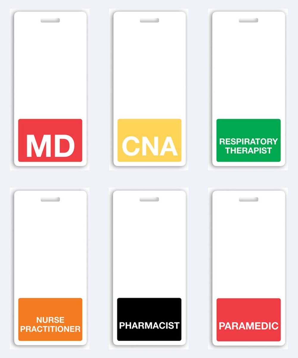 Vertical badge buddy role cards in six colors: MD, CNA, respiratory therapist, nurse practitioner, pharmacist and paramedic
