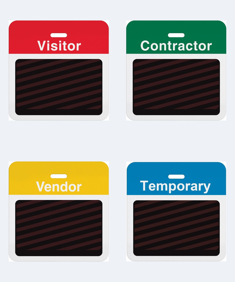 Self-expiring visitor badges in four role colors, visitor, contractor, vendor and temporary, each showing the darkened void panel